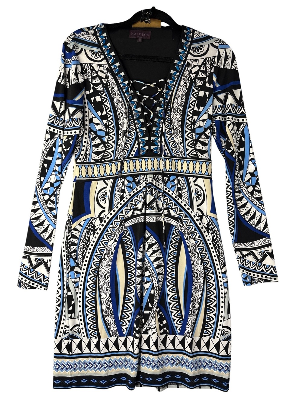 Hale Bob Black Dress with Blue and White Geometric Accents